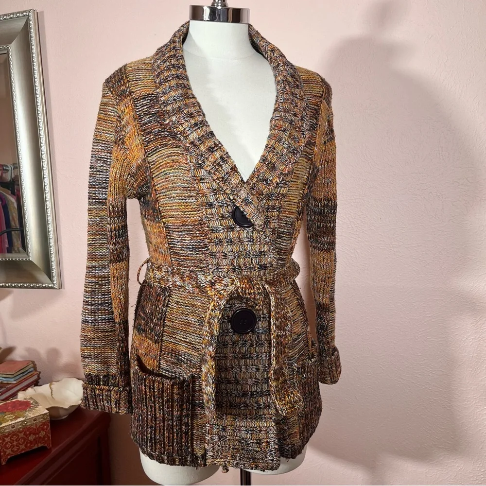 Vintage 60 70 Mod Patchwork Plaid Brown Burnt Orange Tie waist Cardigan Sweater - Picture 12 of 16
